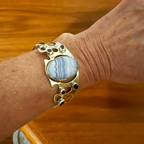 Sterling Silver & Blue Lace Agate w/Amethyst Cuff Bracelet Modern - Picture 1 of 8